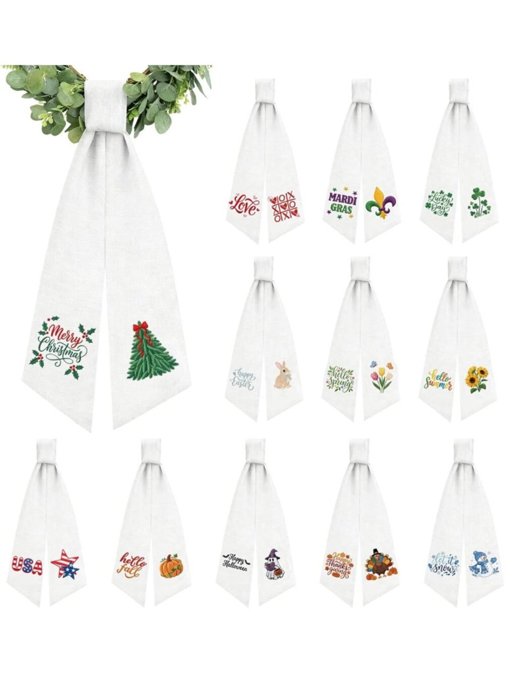 12 Pcs Seasonal Wreath Sash Set - Embroidered Ribbon for Holiday Door Decor